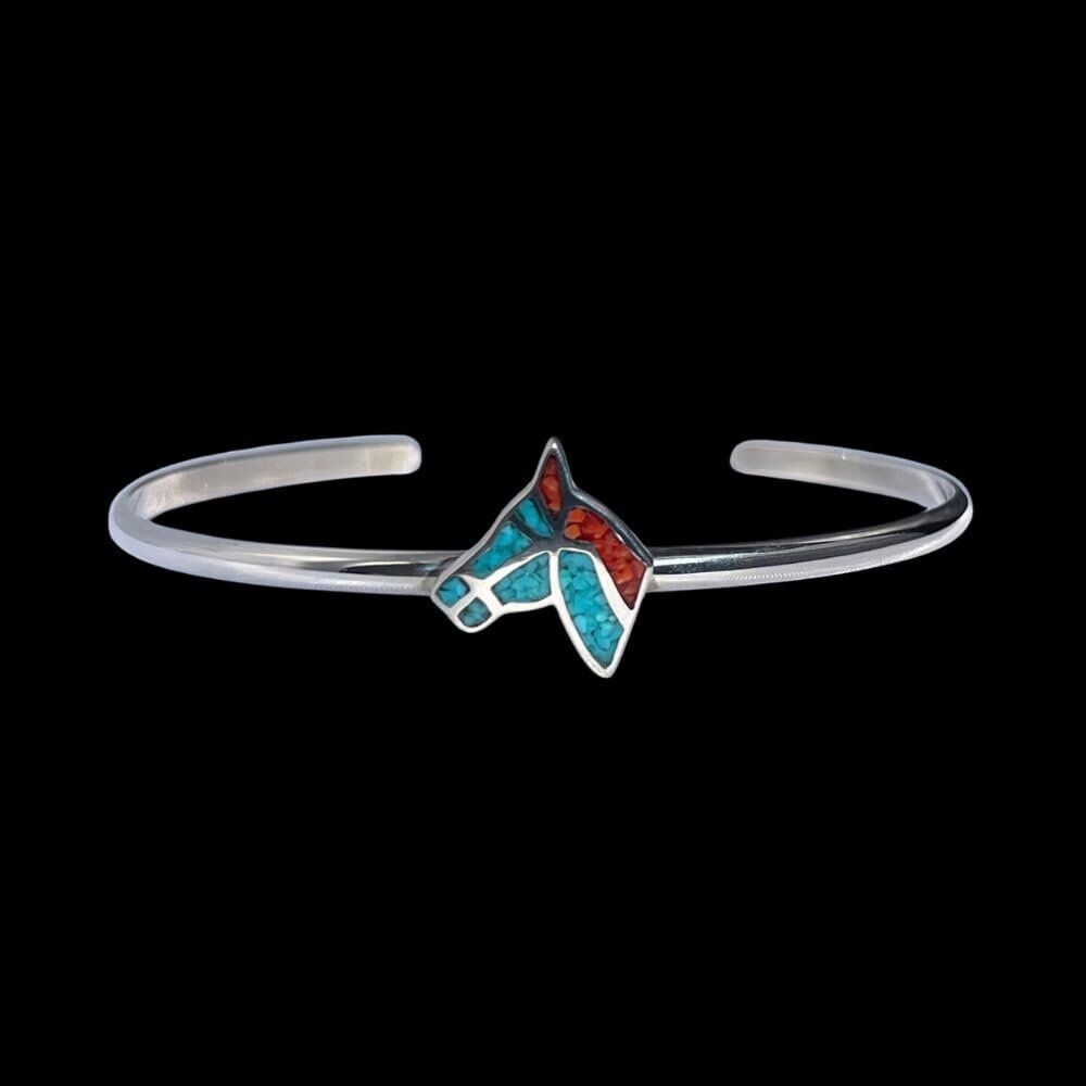 Size 6-1/4 Wrist - 925 Sterling Silver Turquoise And Coral Horse Bust Cuff...